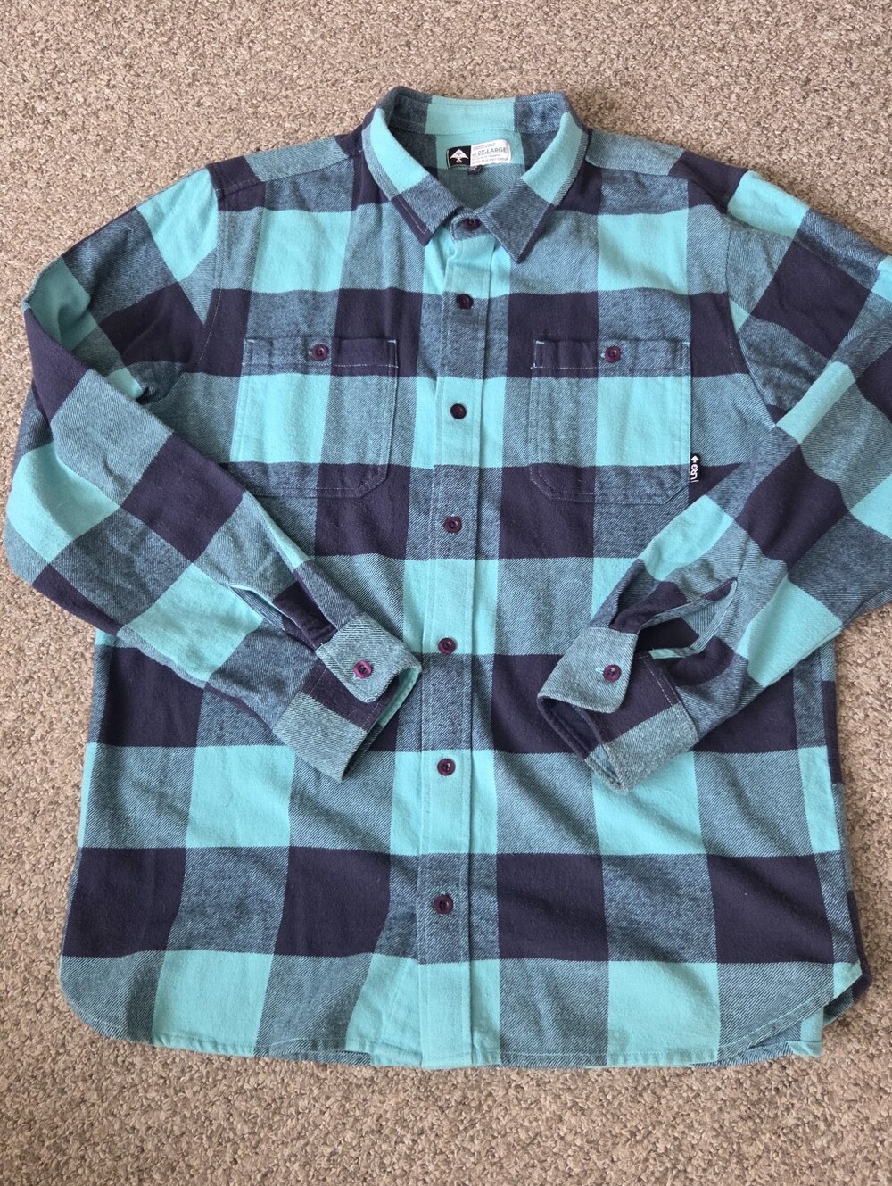 LRG Lifted Research Group Flannel Shirt Mens 2XL Plaid Button Up Navy/Aqua